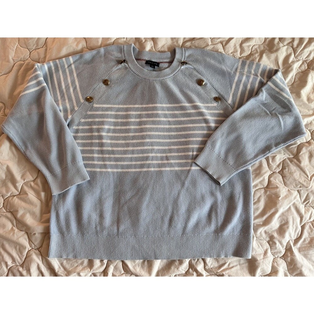 Tommy Hilfiger Cotton Striped Sky Blue Button Knit Sweater